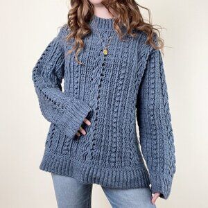 Vintage Handmade Cable Knit Slouchy Oversized Sweater Chunky Cozy Aran Preppy